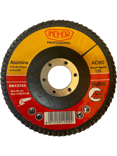 [BP-DAF115-G80] 10X Disco Flap de Amoladora INDHOR de 115×22,23 25*26 72pcs  G80